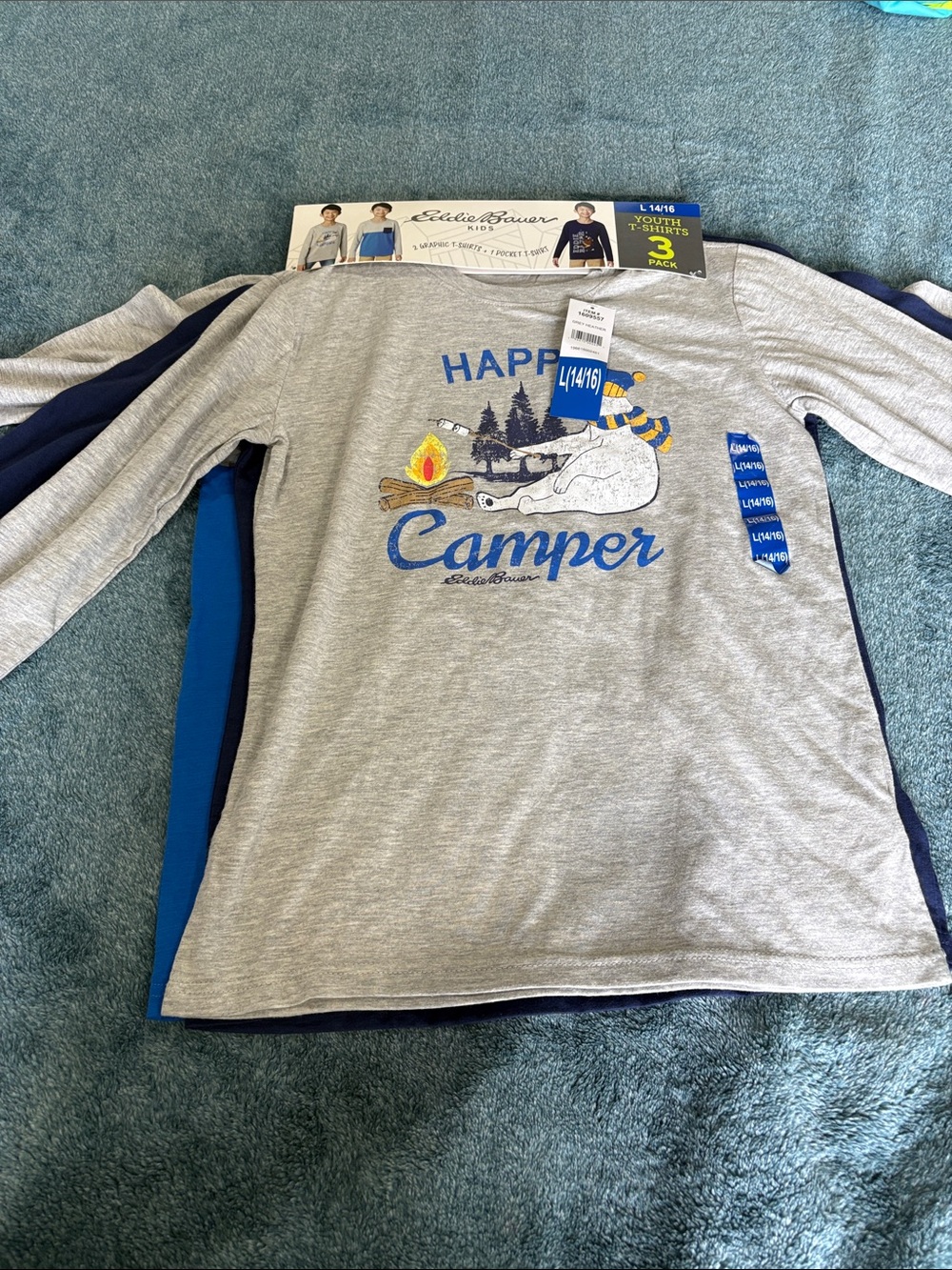 Eddie Bauer Gray and Navy "Happy Camper" Long Sleeve Tee